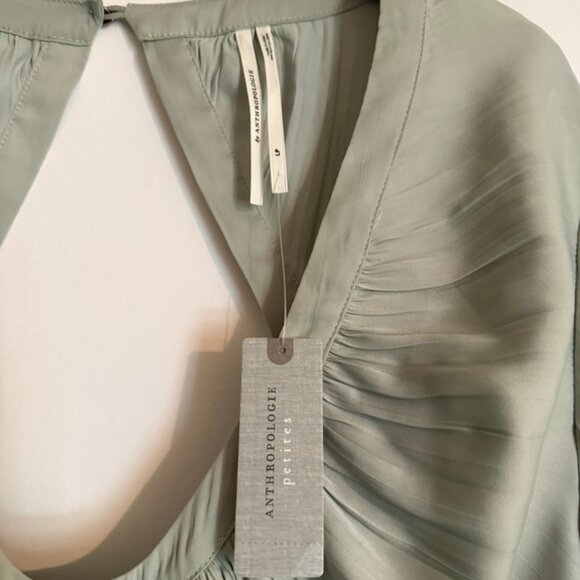 NWT Anthropologie Sage Green Blouson Open Back Satin Top | Petites L Cottagecore - Picture 3 of 8